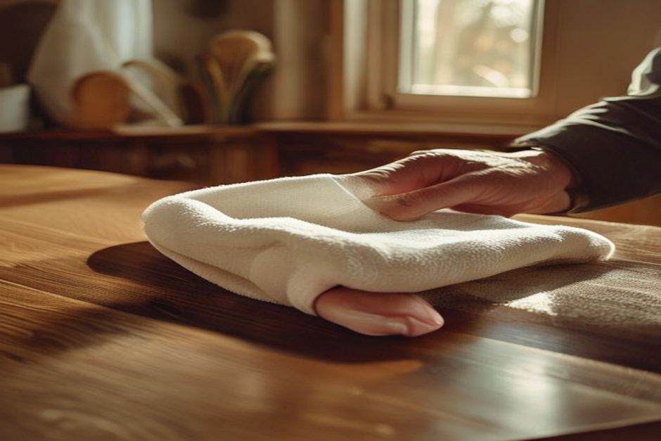 Närbild av händer som rengör en yta med mikrofiberduk