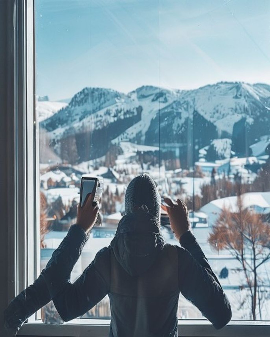 Fönsterputs med fjäll i bakgrunden, professionell utrustning